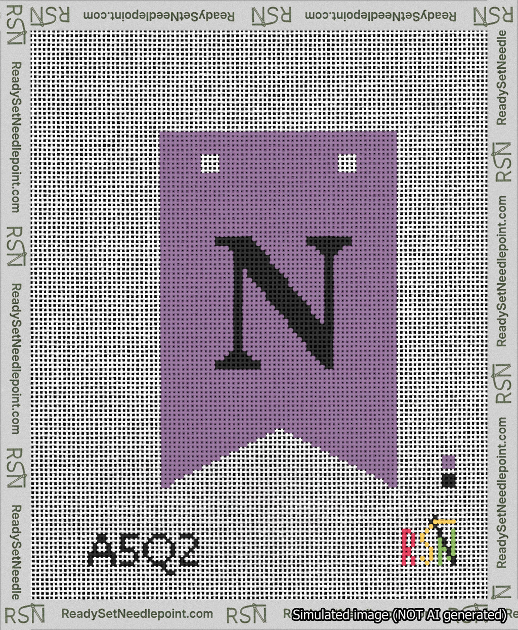 A taped needlepoint canvas with the design: Banner 13 mesh count Forked N Black on Purple.