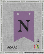 A taped needlepoint canvas with the design: Banner 13 mesh count Forked N Black on Purple.