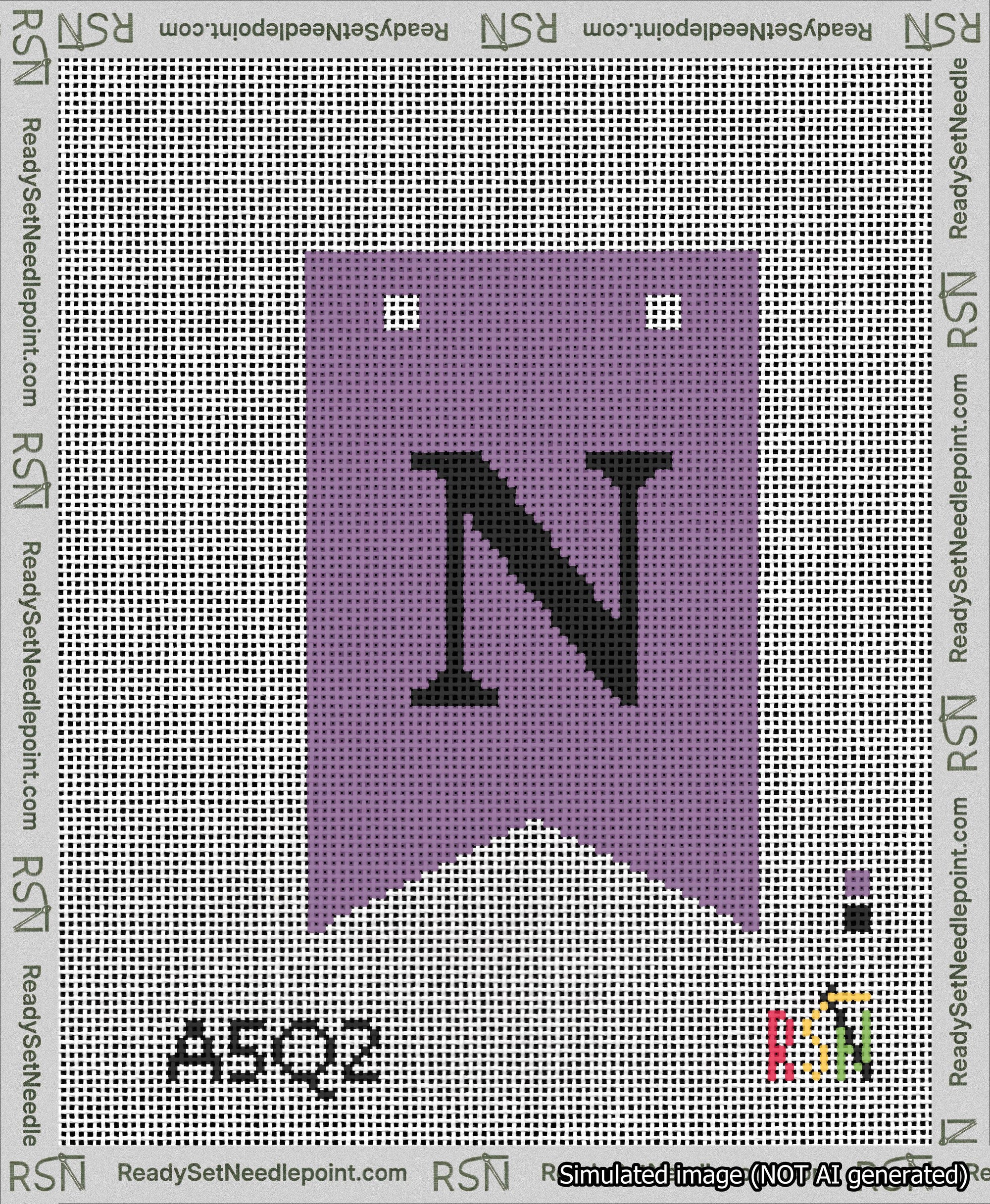 A taped needlepoint canvas with the design: Banner 13 mesh count Forked N Black on Purple.