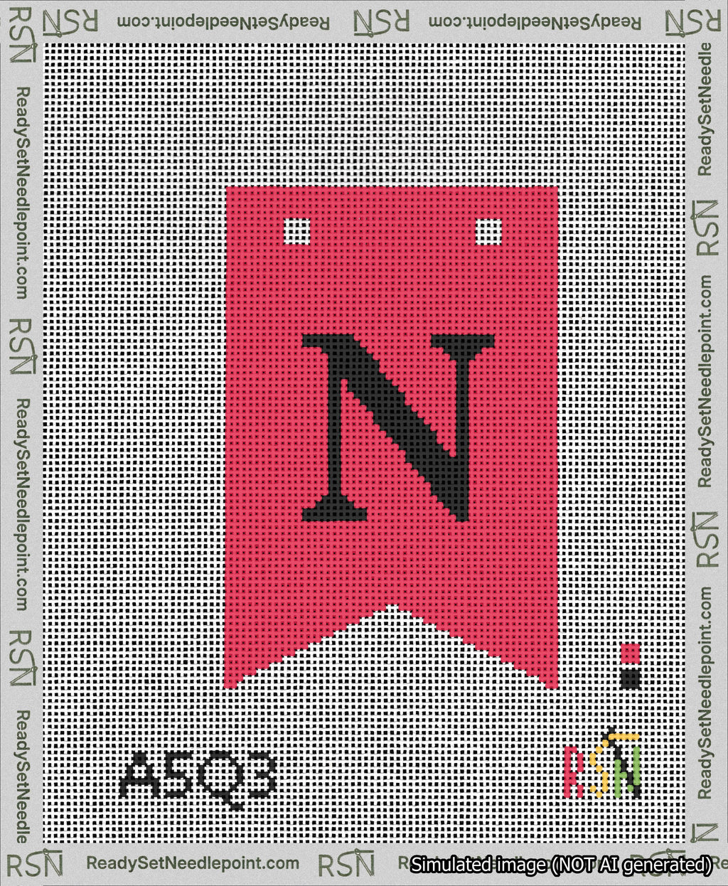 A taped needlepoint canvas with the design: Banner 13 mesh count Forked N Black on Red.