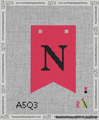 A taped needlepoint canvas with the design: Banner 13 mesh count Forked N Black on Red.