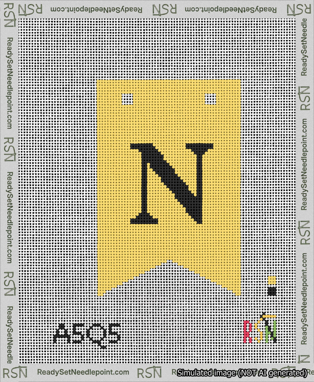 A taped needlepoint canvas with the design: Banner 13 mesh count Forked N Black on Yellow.