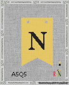 A taped needlepoint canvas with the design: Banner 13 mesh count Forked N Black on Yellow.