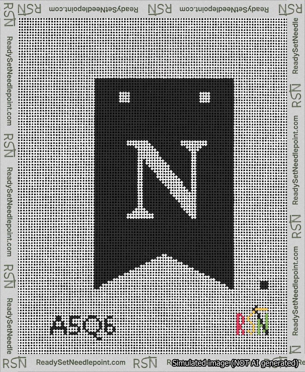 A taped needlepoint canvas with the design: Banner 13 mesh count Forked N White on Black.