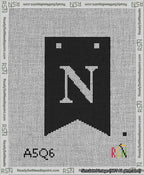 A taped needlepoint canvas with the design: Banner 13 mesh count Forked N White on Black.