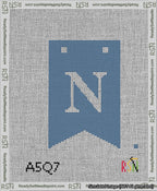 A taped needlepoint canvas with the design: Banner 13 mesh count Forked N White on Blue.