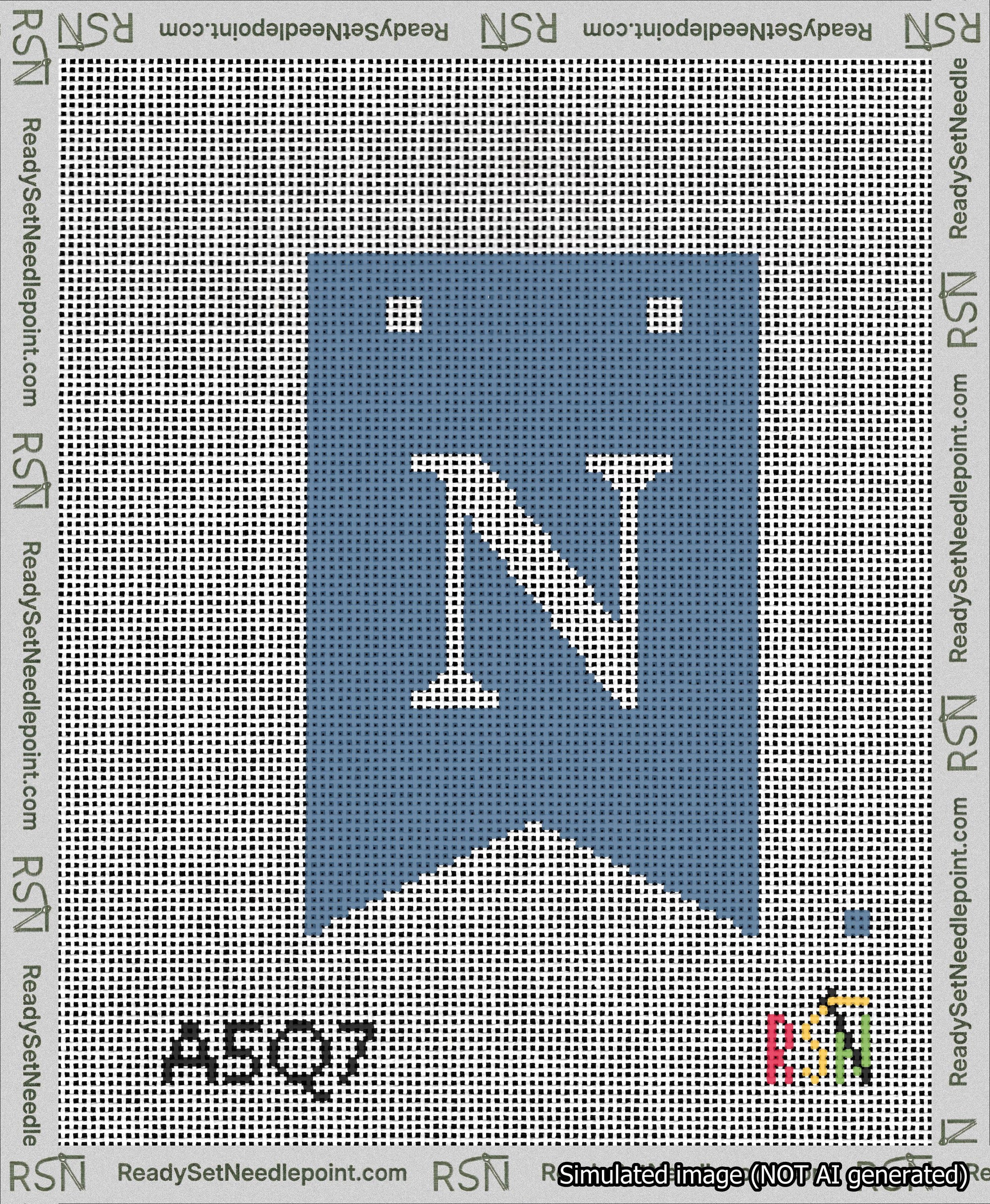 A taped needlepoint canvas with the design: Banner 13 mesh count Forked N White on Blue.