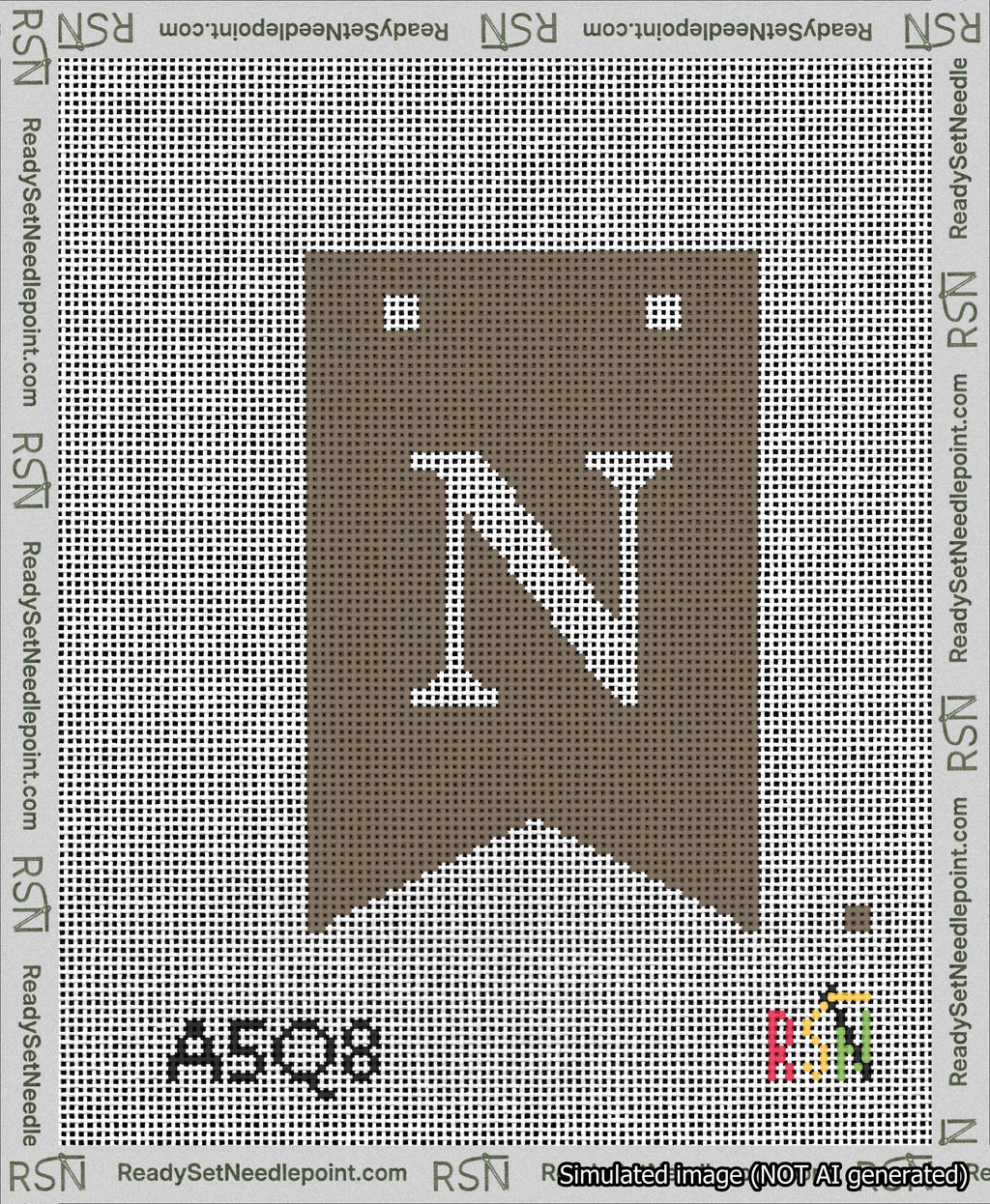 A taped needlepoint canvas with the design: Banner 13 mesh count Forked N White on Brown.