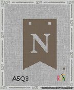 A taped needlepoint canvas with the design: Banner 13 mesh count Forked N White on Brown.