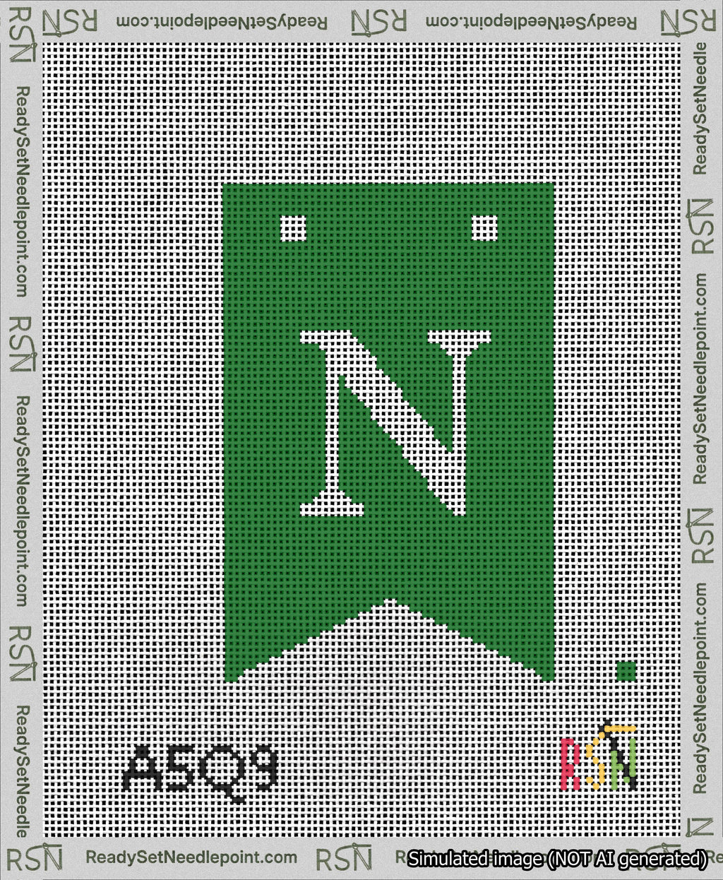 A taped needlepoint canvas with the design: Banner 13 mesh count Forked N White on Green.