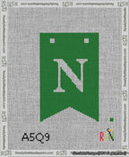 A taped needlepoint canvas with the design: Banner 13 mesh count Forked N White on Green.