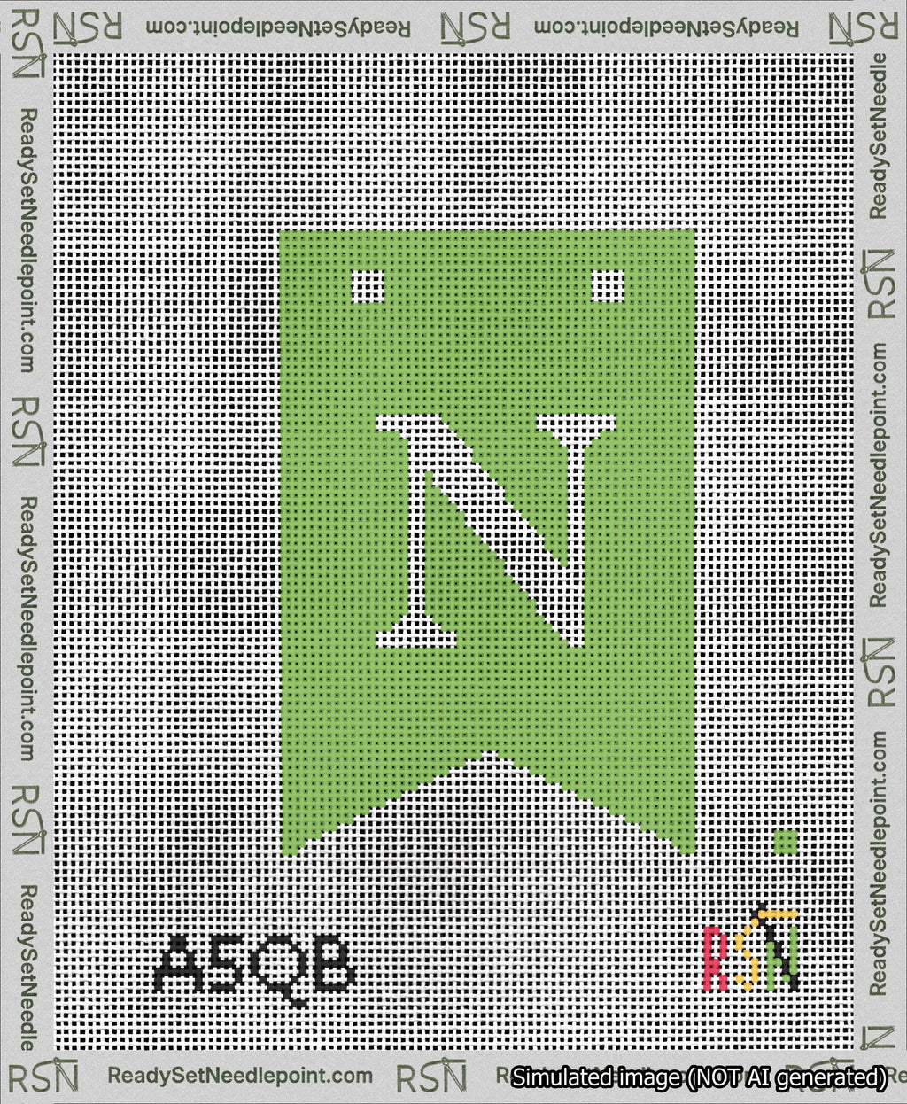 A taped needlepoint canvas with the design: Banner 13 mesh count Forked N White on Light Green.