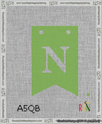 A taped needlepoint canvas with the design: Banner 13 mesh count Forked N White on Light Green.
