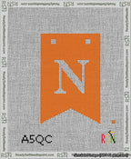 A taped needlepoint canvas with the design: Banner 13 mesh count Forked N White on Orange.