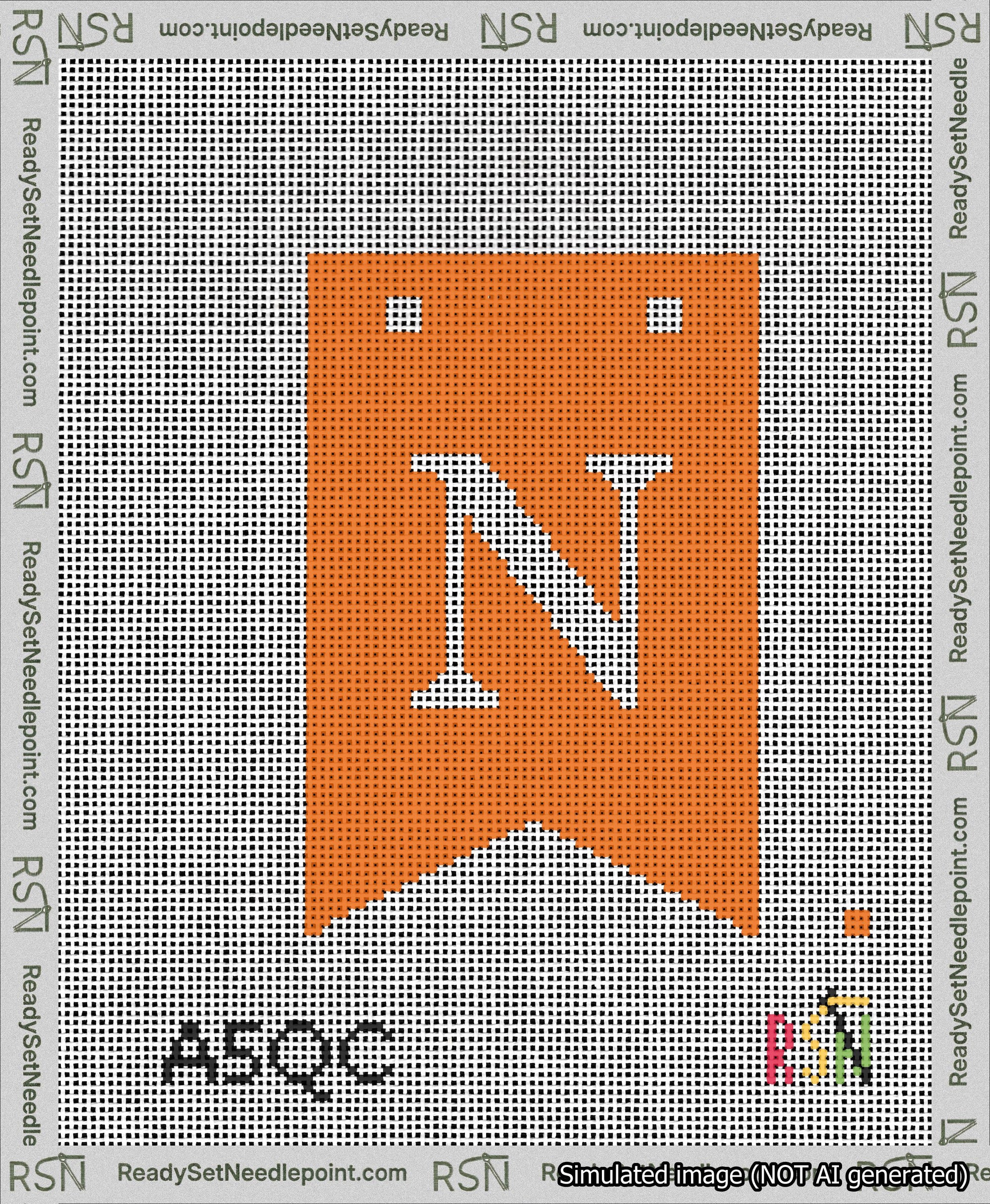 A taped needlepoint canvas with the design: Banner 13 mesh count Forked N White on Orange.