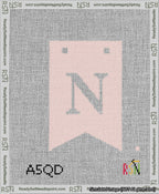 A taped needlepoint canvas with the design: Banner 13 mesh count Forked N White on Pink.