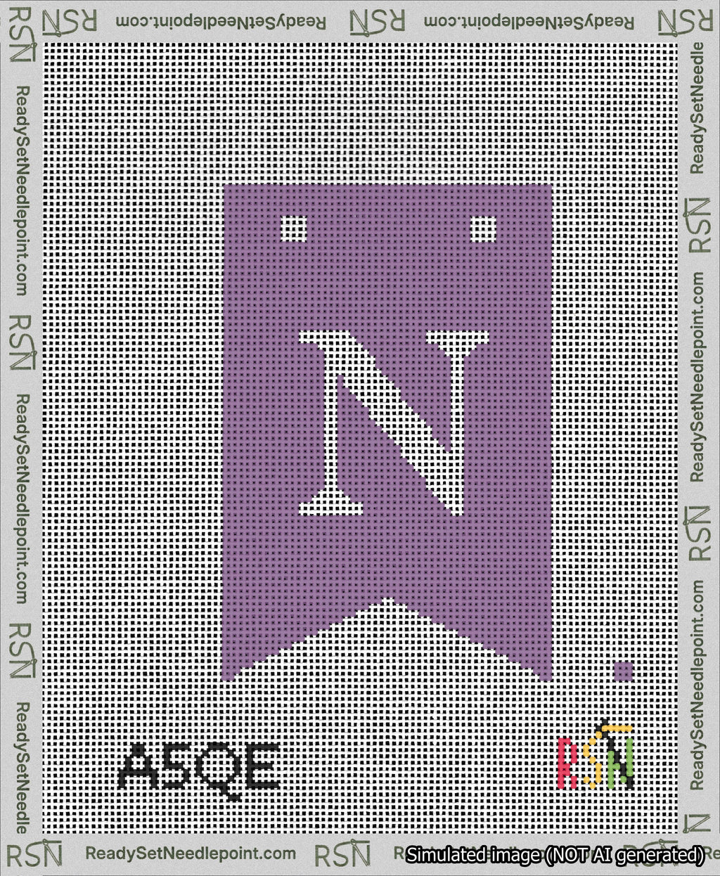 A taped needlepoint canvas with the design: Banner 13 mesh count Forked N White on Purple.