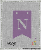 A taped needlepoint canvas with the design: Banner 13 mesh count Forked N White on Purple.