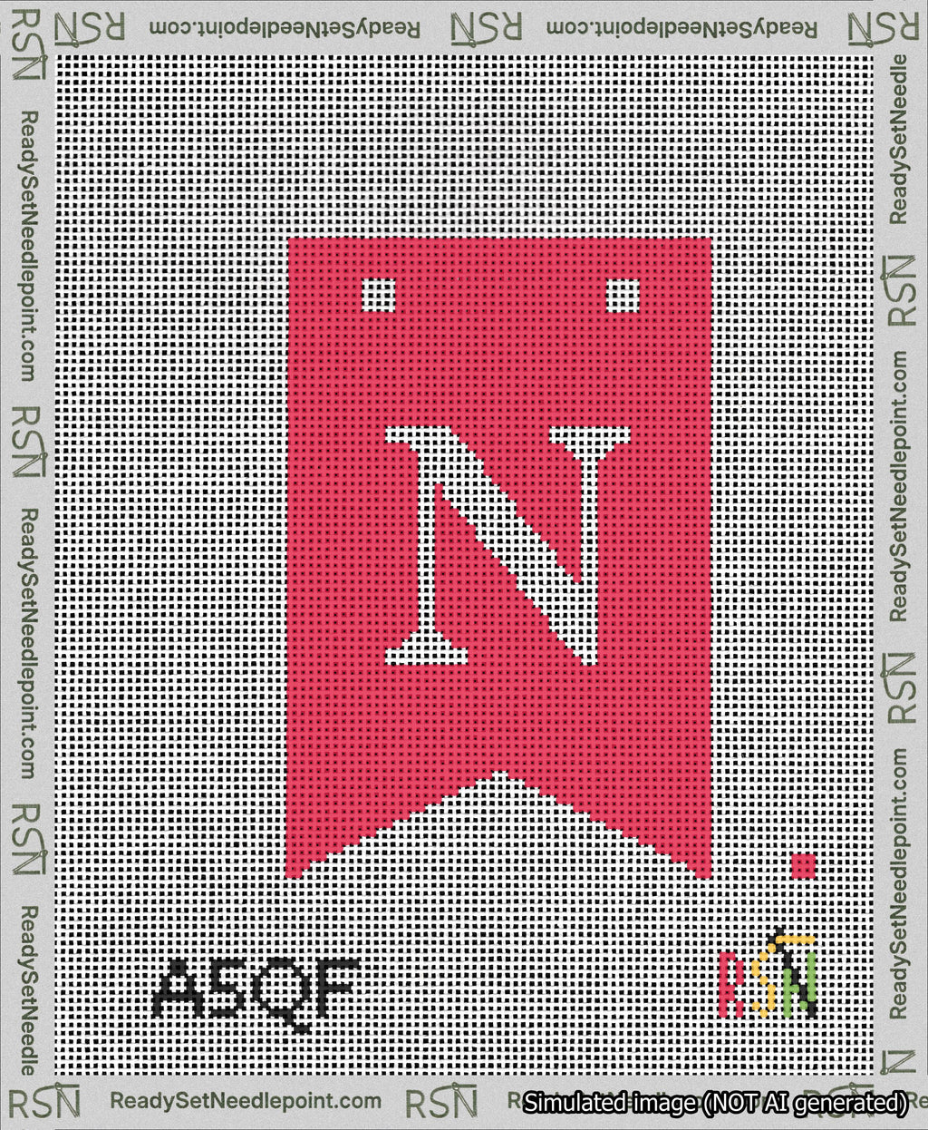 A taped needlepoint canvas with the design: Banner 13 mesh count Forked N White on Red.