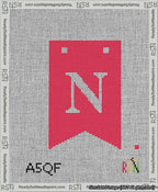 A taped needlepoint canvas with the design: Banner 13 mesh count Forked N White on Red.