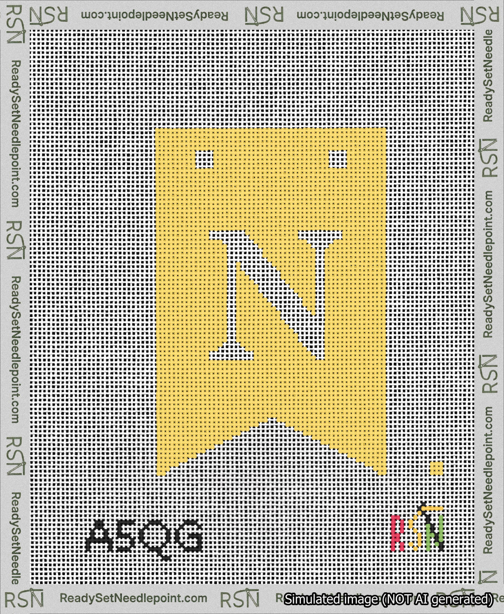 A taped needlepoint canvas with the design: Banner 13 mesh count Forked N White on Yellow.
