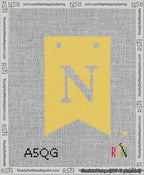 A taped needlepoint canvas with the design: Banner 13 mesh count Forked N White on Yellow.