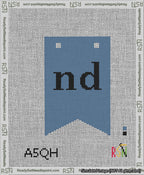 A taped needlepoint canvas with the design: Banner 13 mesh count Forked nd Black on Blue.