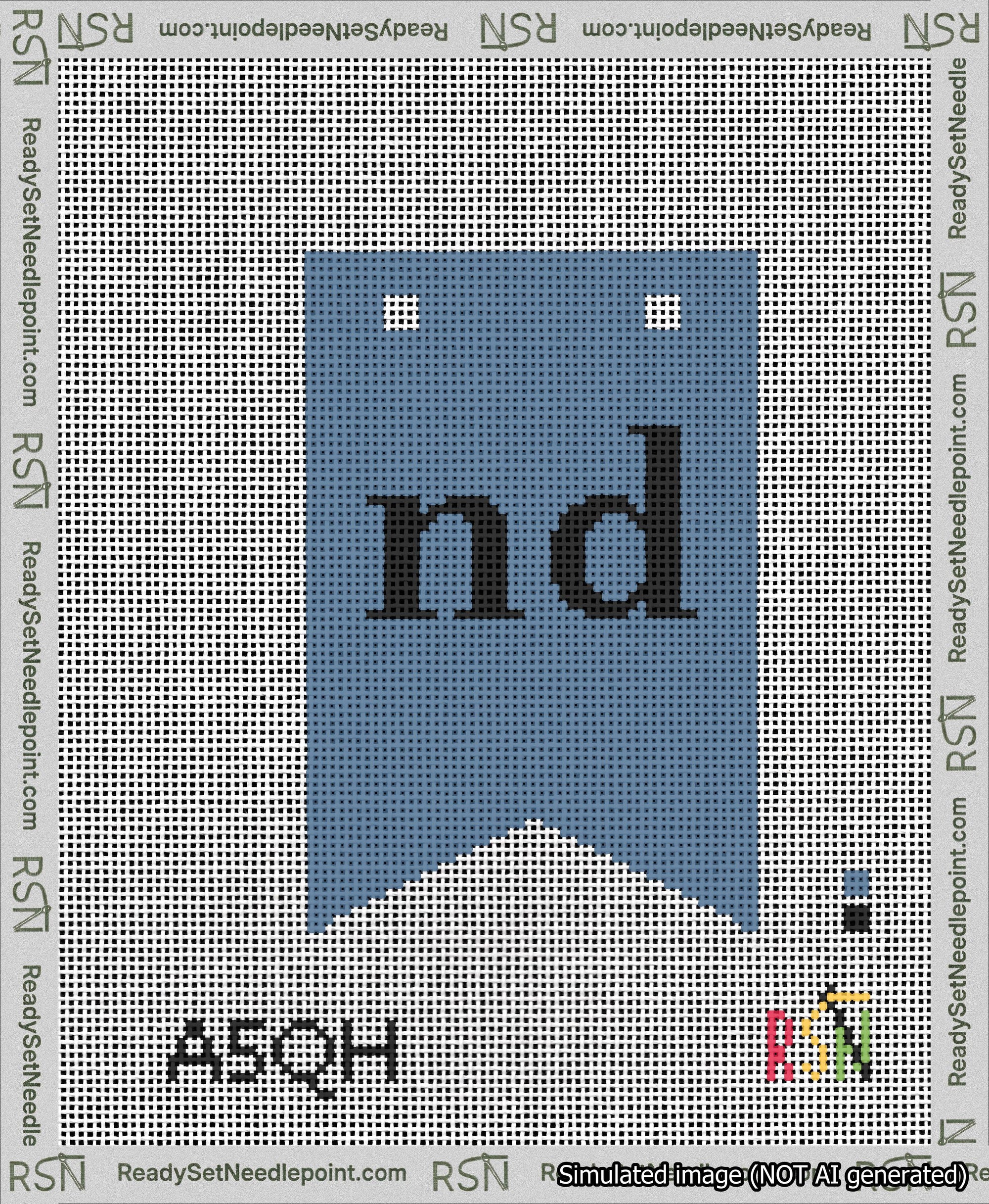 A taped needlepoint canvas with the design: Banner 13 mesh count Forked nd Black on Blue.