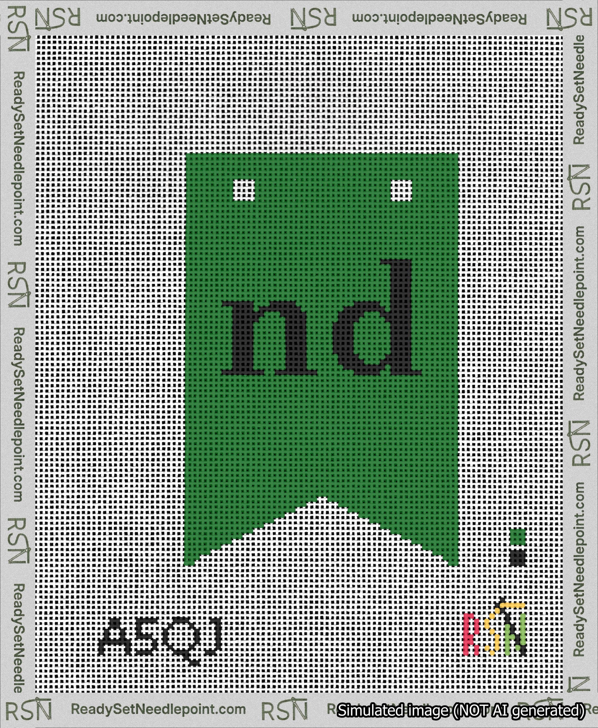 A taped needlepoint canvas with the design: Banner 13 mesh count Forked nd Black on Green.