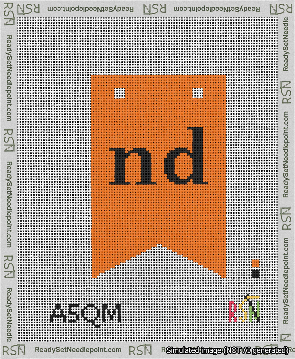 A taped needlepoint canvas with the design: Banner 13 mesh count Forked nd Black on Orange.