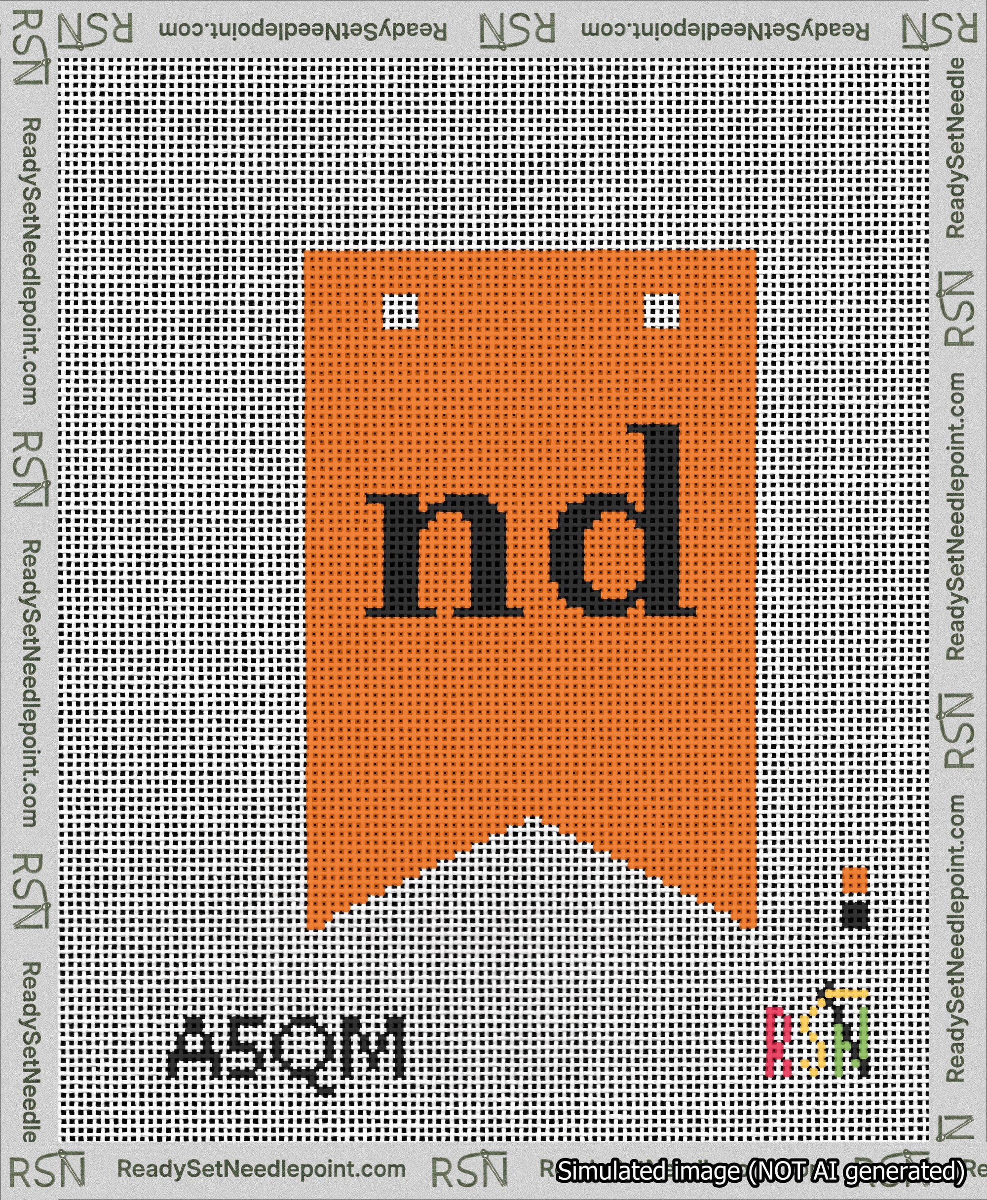 A taped needlepoint canvas with the design: Banner 13 mesh count Forked nd Black on Orange.