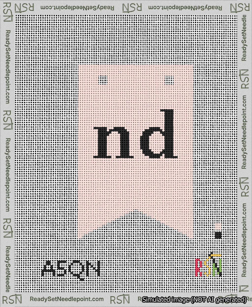 A taped needlepoint canvas with the design: Banner 13 mesh count Forked nd Black on Pink.