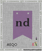 A taped needlepoint canvas with the design: Banner 13 mesh count Forked nd Black on Purple.