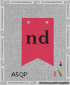 A taped needlepoint canvas with the design: Banner 13 mesh count Forked nd Black on Red.