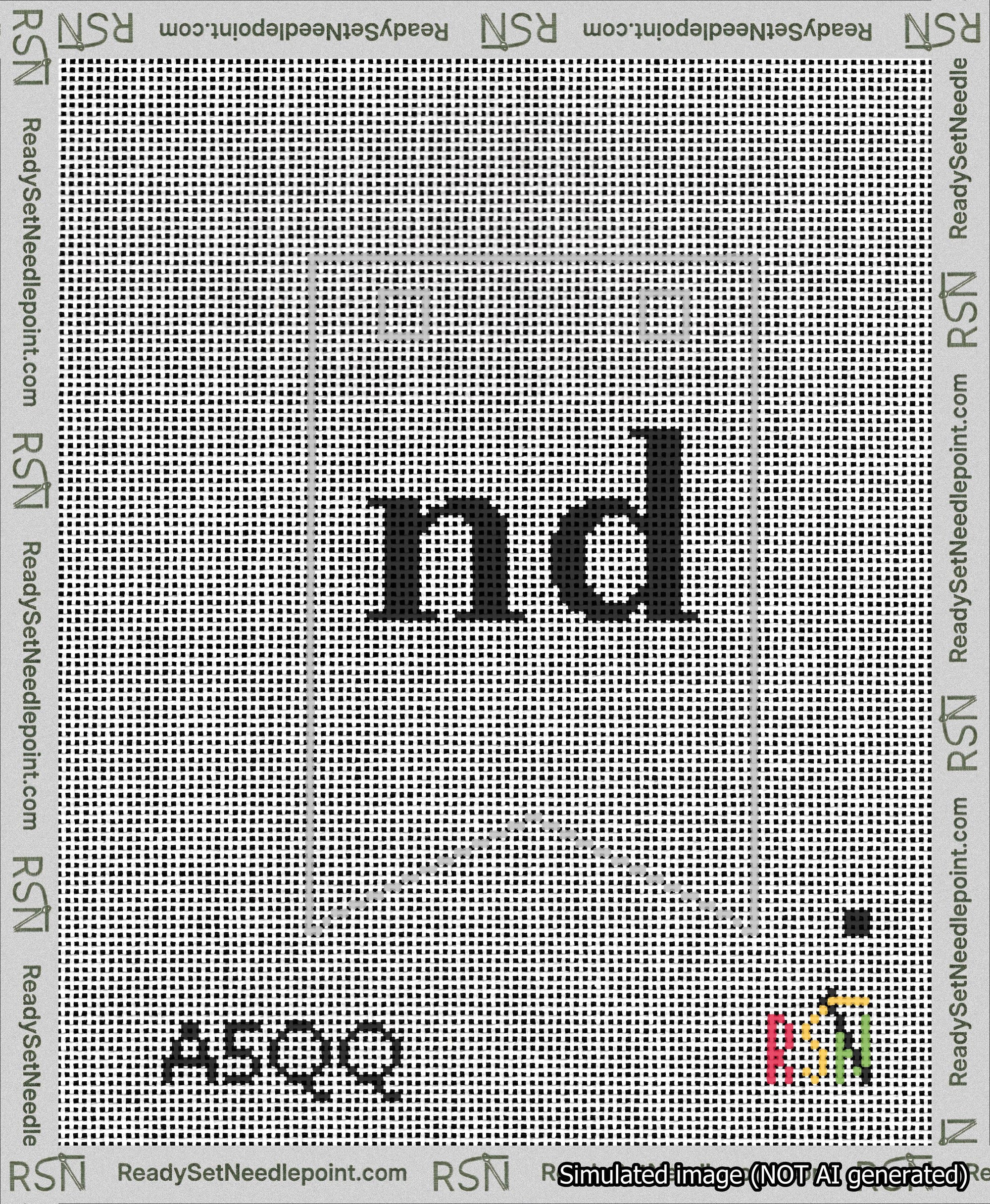 A taped needlepoint canvas with the design: Banner 13 mesh count Forked nd Black on White.