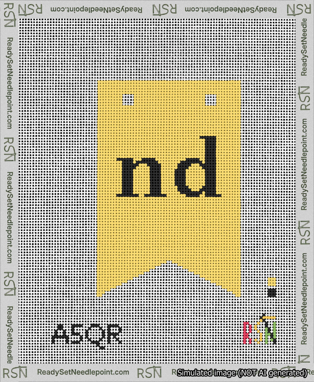A taped needlepoint canvas with the design: Banner 13 mesh count Forked nd Black on Yellow.