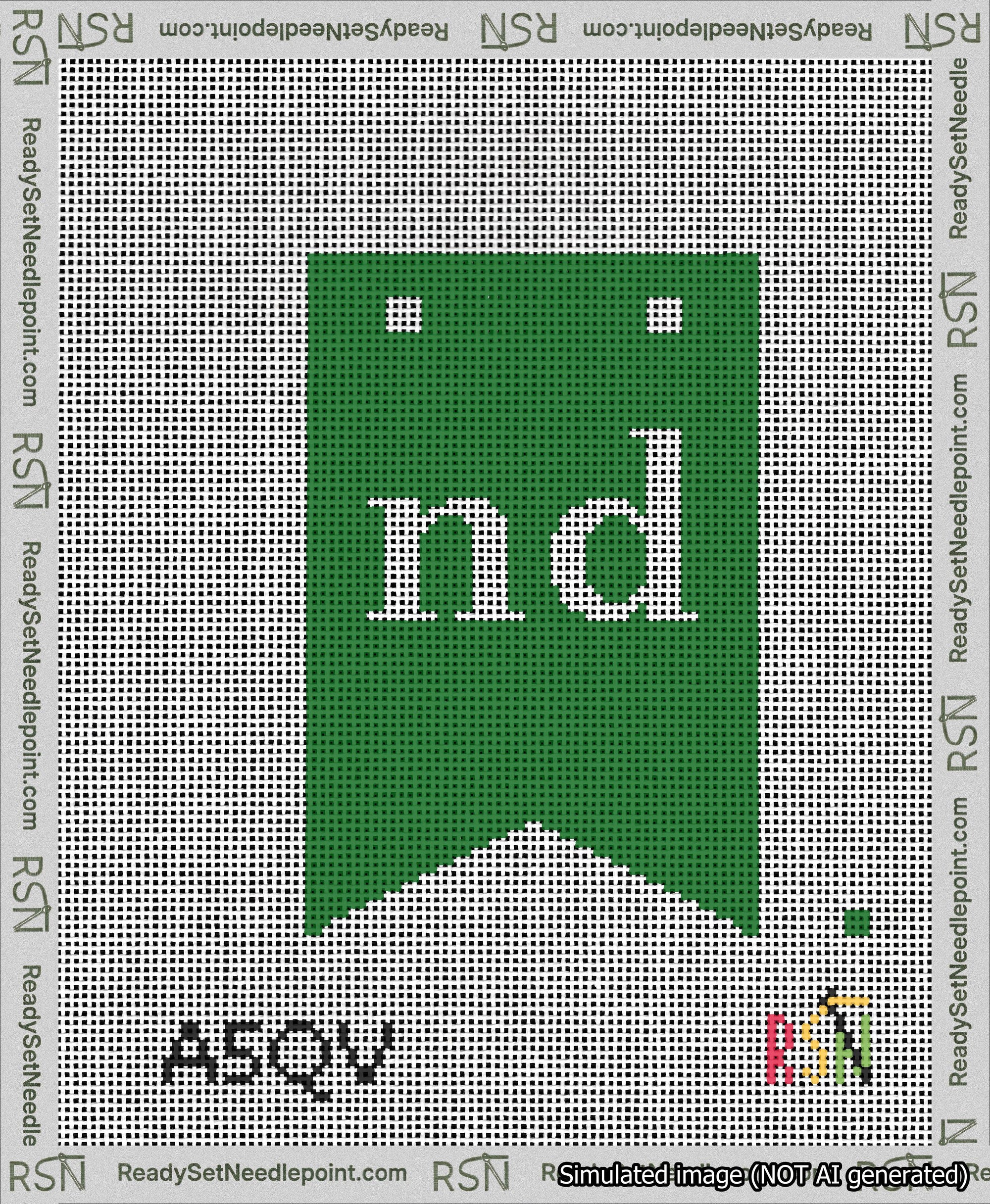 A taped needlepoint canvas with the design: Banner 13 mesh count Forked nd White on Green.