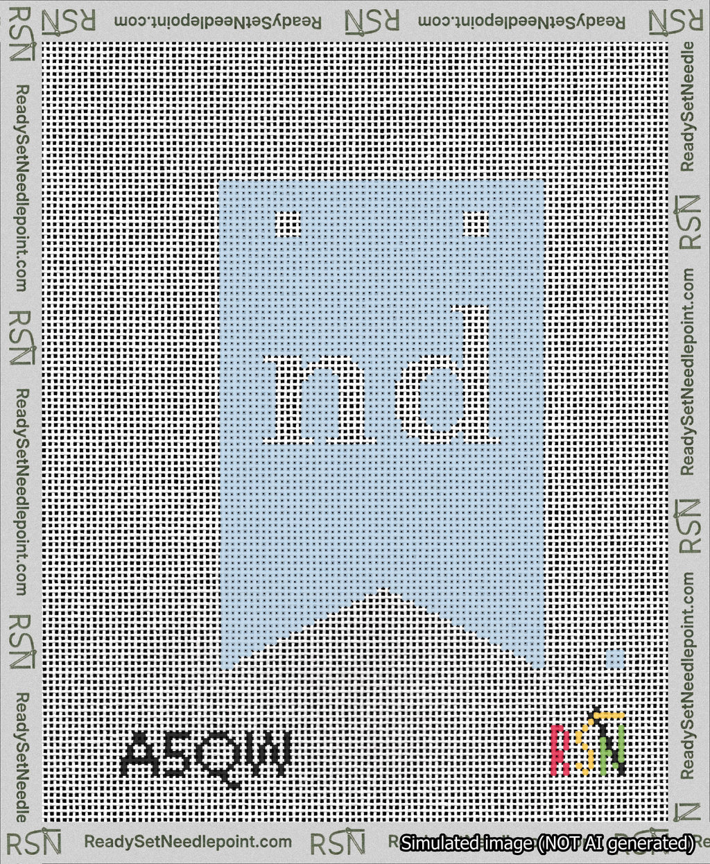 A taped needlepoint canvas with the design: Banner 13 mesh count Forked nd White on Light Blue.