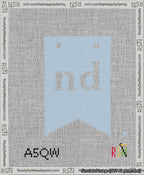 A taped needlepoint canvas with the design: Banner 13 mesh count Forked nd White on Light Blue.