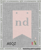 A taped needlepoint canvas with the design: Banner 13 mesh count Forked nd White on Pink.