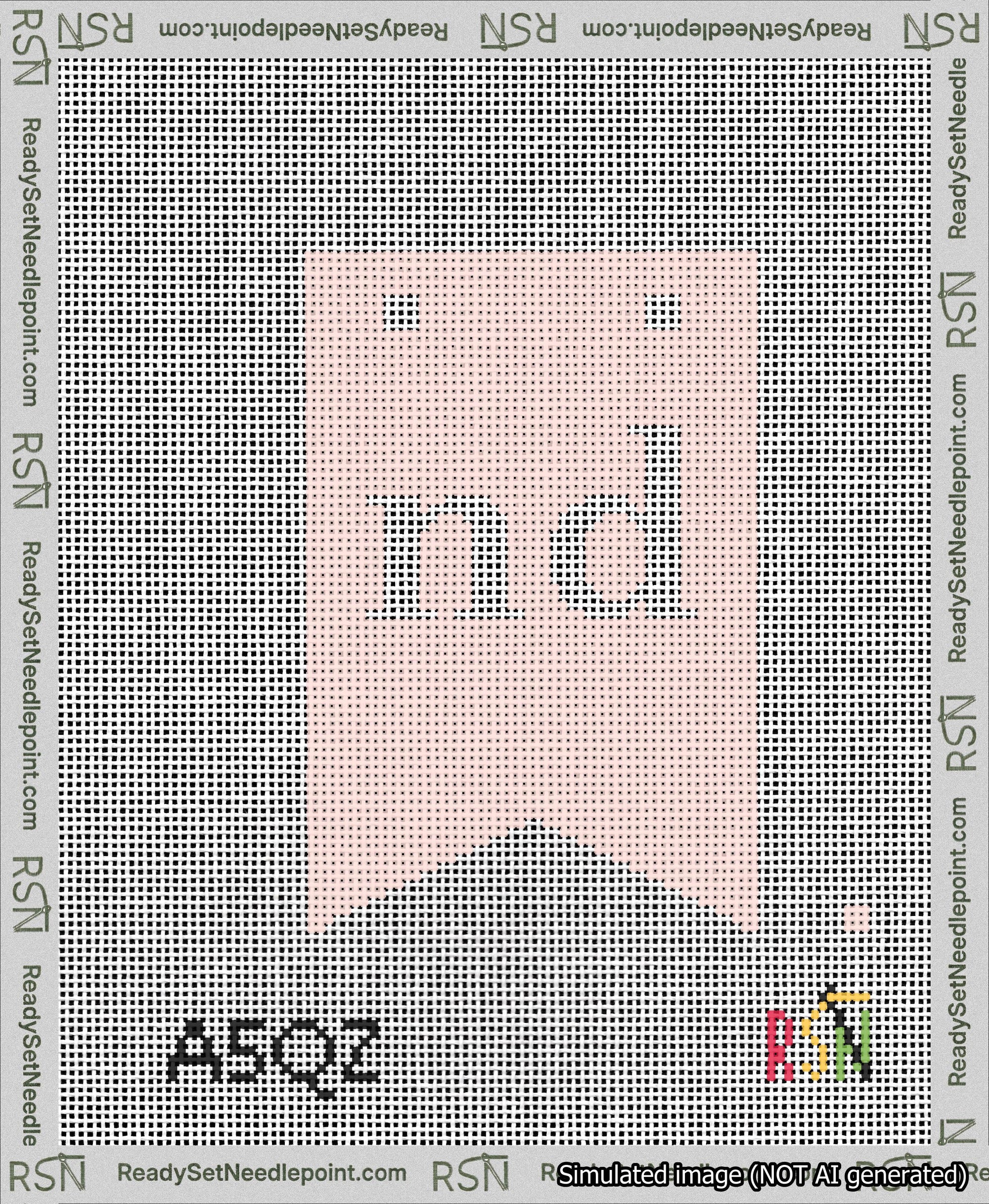 A taped needlepoint canvas with the design: Banner 13 mesh count Forked nd White on Pink.
