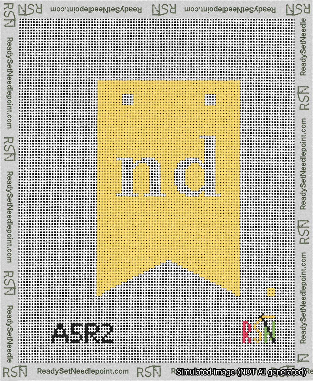 A taped needlepoint canvas with the design: Banner 13 mesh count Forked nd White on Yellow.