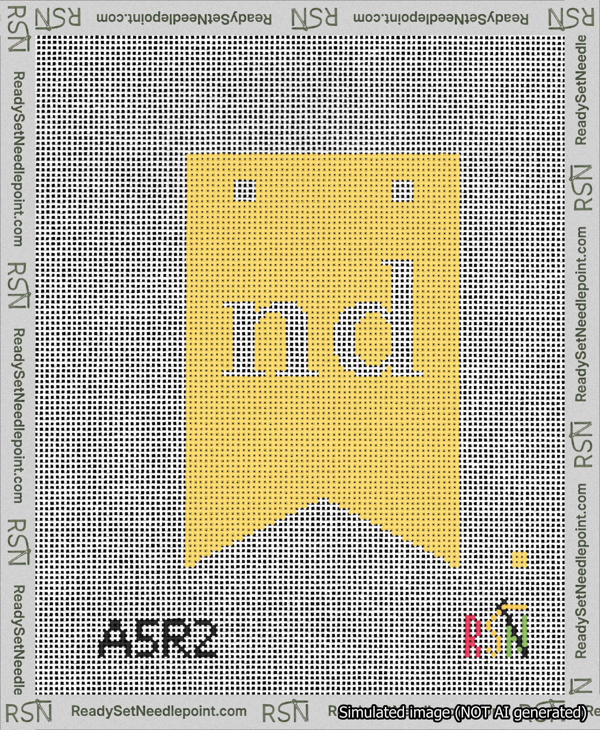 A taped needlepoint canvas with the design: Banner 13 mesh count Forked nd White on Yellow.