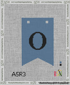 A taped needlepoint canvas with the design: Banner 13 mesh count Forked O Black on Blue.
