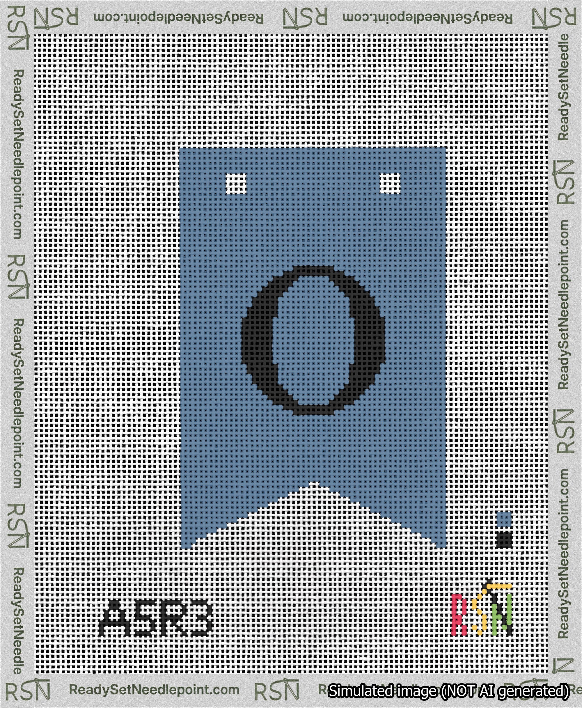A taped needlepoint canvas with the design: Banner 13 mesh count Forked O Black on Blue.