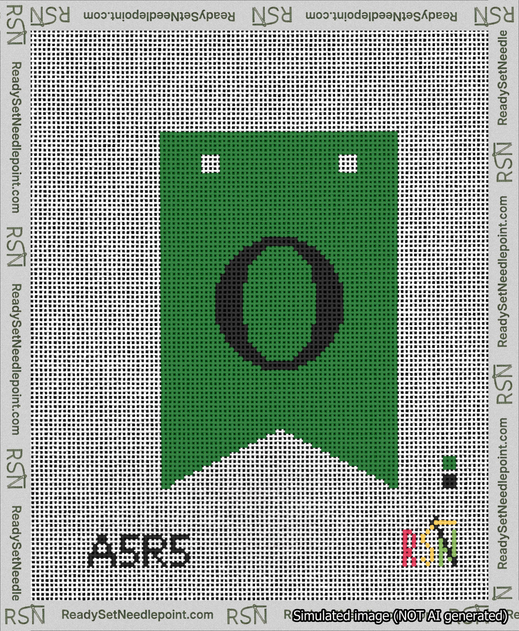 A taped needlepoint canvas with the design: Banner 13 mesh count Forked O Black on Green.
