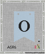 A taped needlepoint canvas with the design: Banner 13 mesh count Forked O Black on Light Blue.