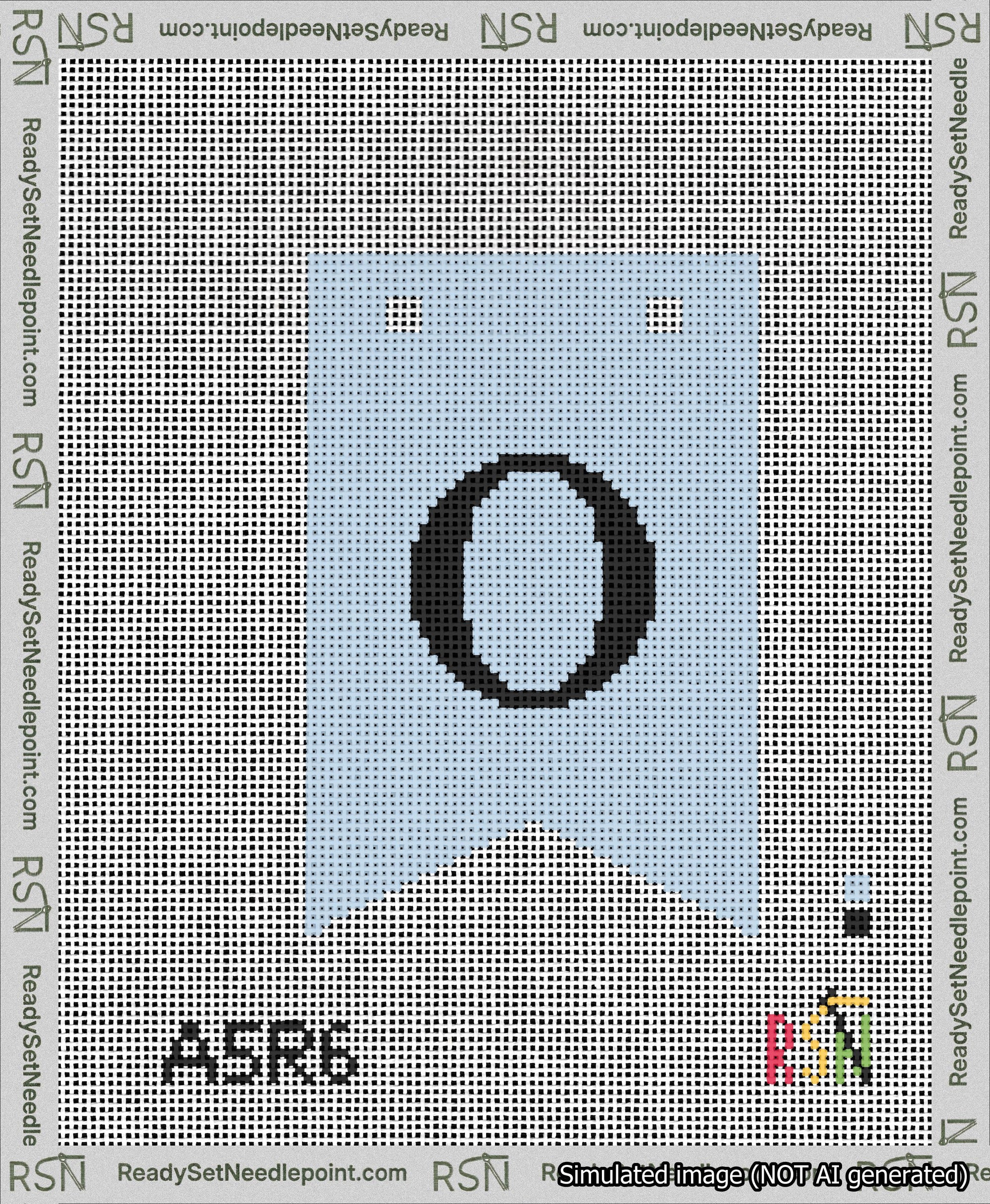A taped needlepoint canvas with the design: Banner 13 mesh count Forked O Black on Light Blue.