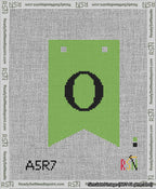 A taped needlepoint canvas with the design: Banner 13 mesh count Forked O Black on Light Green.