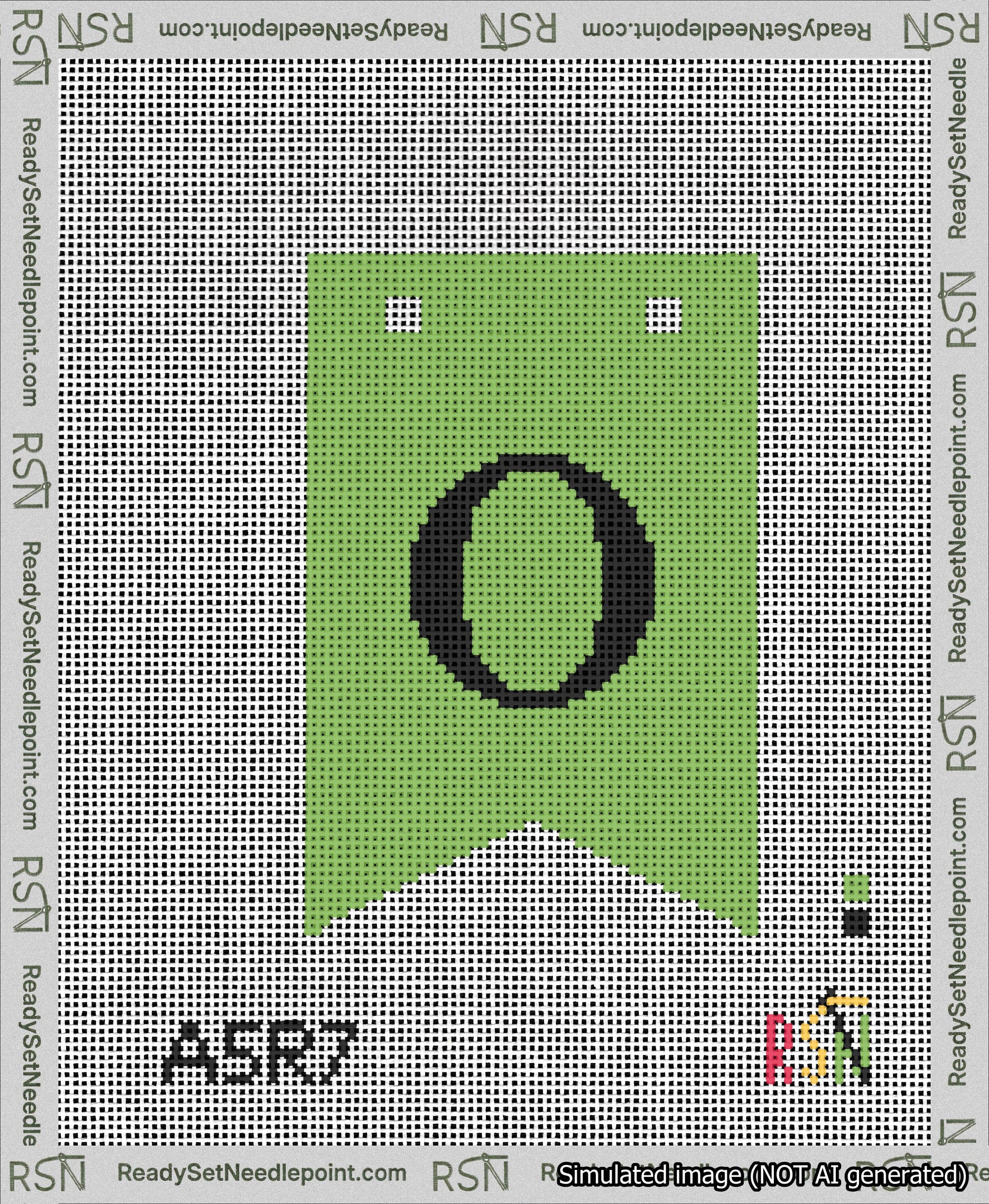 A taped needlepoint canvas with the design: Banner 13 mesh count Forked O Black on Light Green.